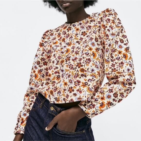 Zara Tops - Zara Ecru Floral Print Long Puff Sleeves Top Blouse Size L Large Boho Casual